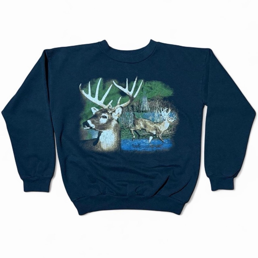Vintage 90s Deer Nature Graphic Youth Pullover Crewneck Sweater 18x21"
